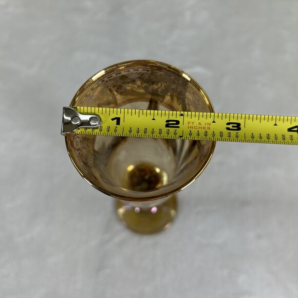 Amber Iridescent 8.25” Glass Flutes with Gold Patterned Overlay Heavy Charity - Picture 8 of 9